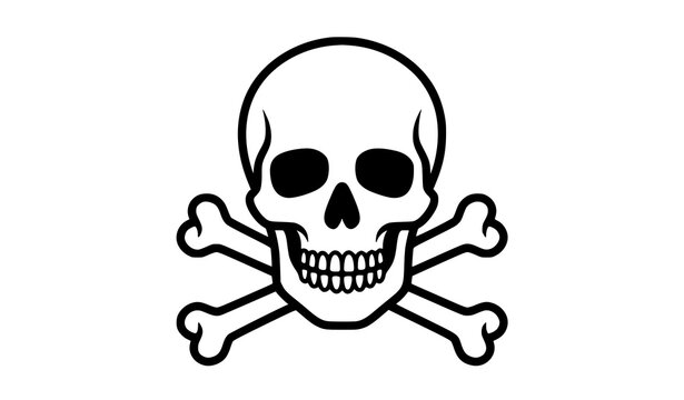 Classic black and white skull and crossbones icon symbolizing danger, poison, pirate flag and death warning sign design