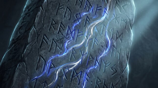 Weathered stone monolith covered in carved runic symbols with winding streams of blue and silver magical light