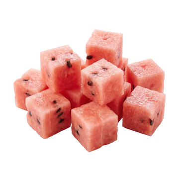 Fresh red watermelon cubes with seeds isolated on white background.