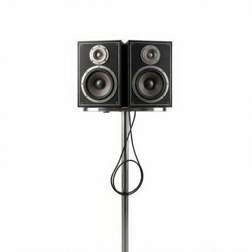 Pair of black vintage stereo speakers mounted on stand. Professional audio equipment for home theater or studio sound system setup.