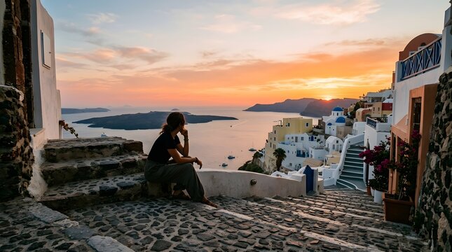 A woman sitting on stone stairs watching the beautiful sunset over the caldera in Santorini Greece.