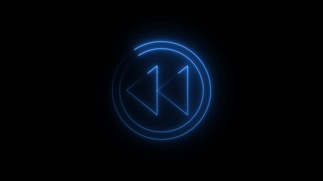 Glowing blue neon rewind symbol on a dark background ,4k Video