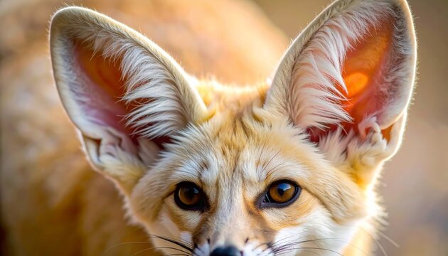 A mesmerizing close-up portrait of an adorable Fennec fox, showcasing its remarkably large, prominent ears and keen, captivating eyes in its natural desert habitat