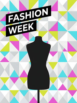 Fashion week mannequin display. Tailor dummy on colorful geometric background.