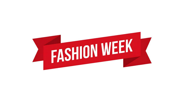 Fashion Week red ribbon banner. Stylish event label for clothing industry marketing.