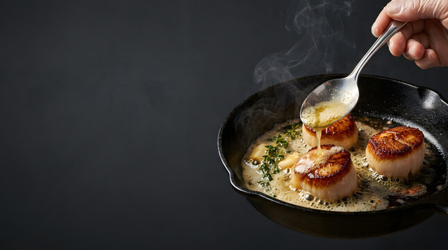 Chef Basting Pan-Seared Sea Scallops with Foaming Melted Butter and Herbs in Cast Iron Skillet