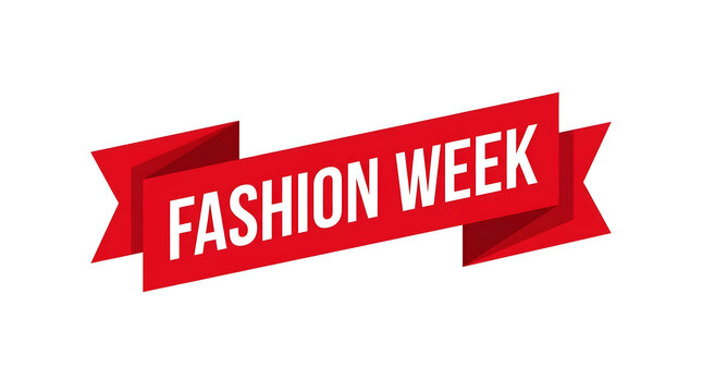 Fashion Week red ribbon banner. Stylish event sign for clothing industry marketing.