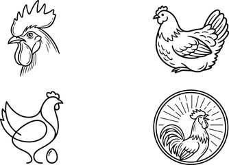 Chicken and Rooster Vector Logo Elements with Hen Continuous Line Art Head Portrait and Vintage Badge Design Templates for Poultry Farms © MD