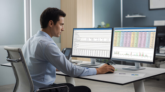 Businessman working on dual monitors. Professional analyst reviewing financial data on PC.