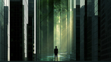 Obraz premium Office worker urban canyon forest nature skyscraper silhouette Office worker silhouette urban canyon, skyscraper wall opening to forest nature