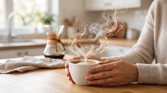 Woman hands holding white cup of hot coffee with magical steam aroma rising, floating coffee beans, cozy kitchen atmosphere, morning routine, caffeine energy, warm beverage comfort
