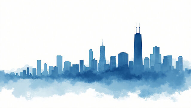 Soft blue watercolor skyline of Chicago with flowing brush textures on white background