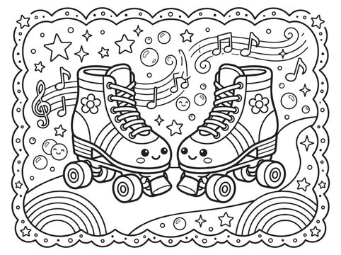 Cute Kawaii Roller Skates Coloring Page for Kids with Music Notes, Stars, and Rainbows, Fun Educational Line Art Activity for Children