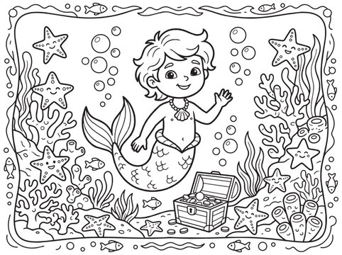 Underwater Merman Coloring Page for Kids: Black and White Lineart Outline Activity Featuring a Cute Merboy, Treasure Chest, Starfish, and Coral Reef Scene