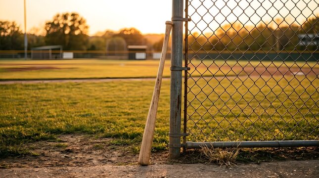 Baseball bat leaning against a chain link fence. Sports equipment on a field at sunset.