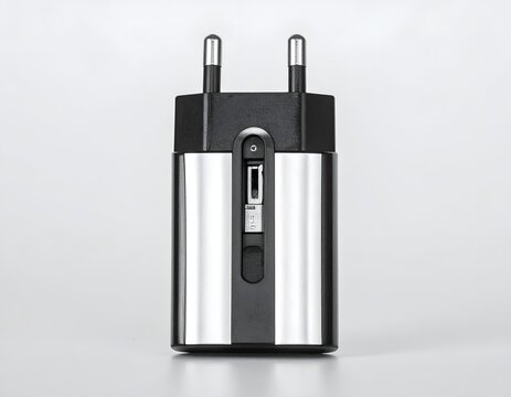 Modern portable USB wall charger adapter with a sleek metallic finish design