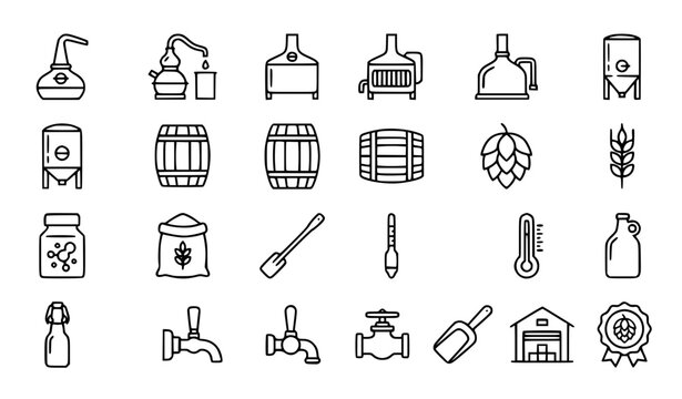 Distillery and Brewing Equipment Thin Line Icon Set Editable Stroke Vector Illustration
