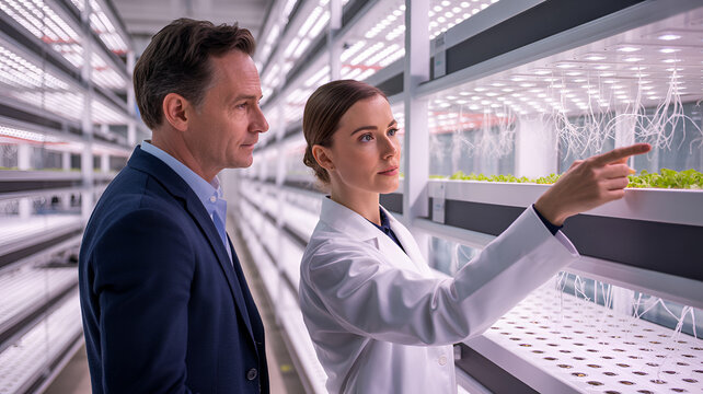 Scientists inspecting vertical farm. Professional team checking hydroponic plant growth.