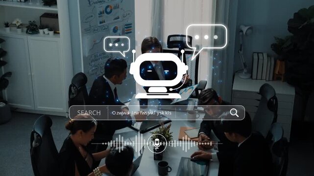 Teams collaborate in a modern office, leveraging artificial intelligence and chatbots for solutions. The scene showcases communication and innovative technology in action. Raster