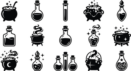 Halloween magic potion bottles and witch cauldron silhouette vector set © Sourav