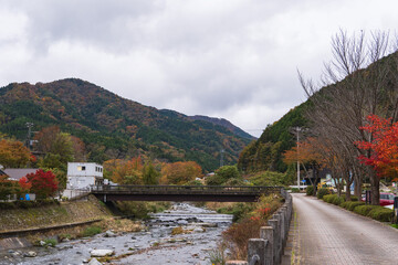Fototapeta premium 日本：道志川と中山橋／山梨県道志村・11月
