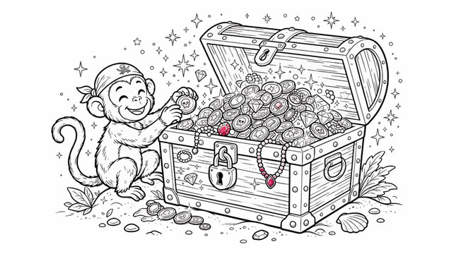 Cute Cartoon Monkey Pirate with Treasure Chest Full of Gold Coins and Gems Coloring Page Illustration