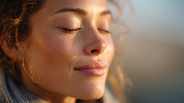 Close up side view thoughtful woman closed eye calm face freckles golden light gentle smile during sunset, serene mindful moment outdoors