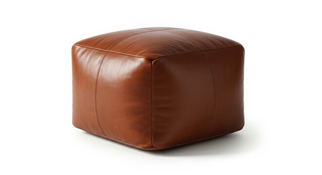 Small square brown leather ottoman pouf for modern living room furniture with furniture footstool interior upholstery minimalist accessory footrest stitching comfortable apartment isolated