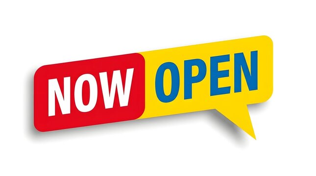 Bright Red and Yellow Now Open Speech Bubble Sign Isolated on White Background
