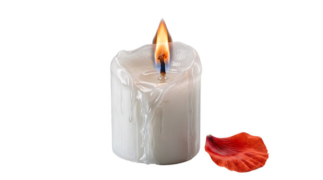 Burning white candle with melting wax and orange flame, romantic lit candle with red flower petal, spa and wellness aromatherapy concept isolated PNG with Transparent Background