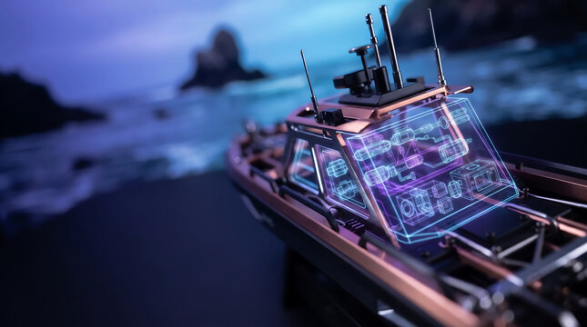 Autonomous Surface Vehicle Hologram Built from Anodized Copper Overlooking a Blurred Satellite-Denied Coastal Waters