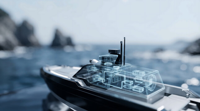 Autonomous Surface Vehicle Hologram Built from Polished Obsidian Overlooking a Blurred Satellite-Denied Coastal Waters
