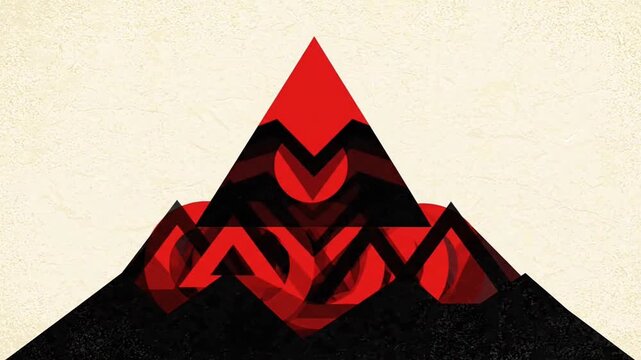 Red geometric circles and triangles on textured beige background