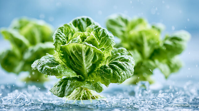 Fresh green lettuce heads with water droplets on a cool, icy surface, showcasing vibrant and crisp leaves.