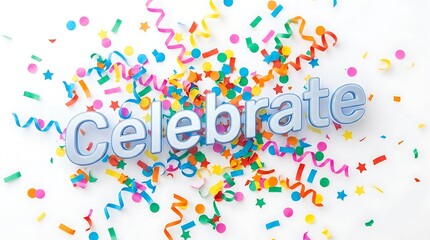 Fototapeta premium Colorful Party Confetti And Streamers With Celebrate Text On White Background For Birthday Or Success Events