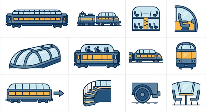 Modern train transportation and subway interior icon set.