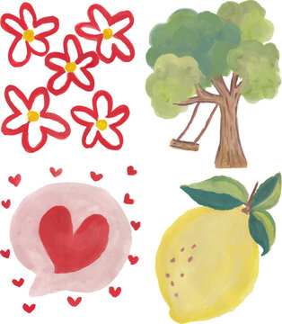 Red flowers with yellow center, tree with swing, heart bubble, and lemon hand drawn watercolor clip art