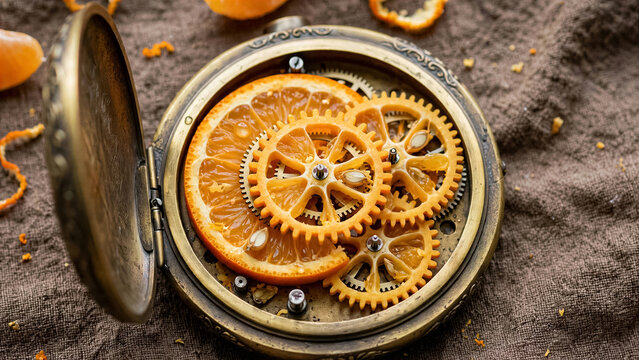 Vintage brass pocket watch opening to reveal that the internal gear cogs are made of soft citrus fruit