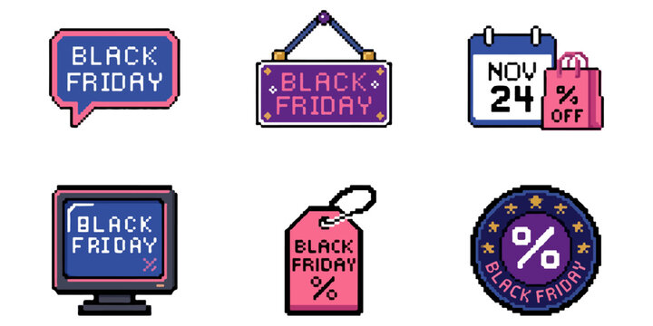 Set of pixel art icons for black friday shopping event featuring tags signs and calendar dates