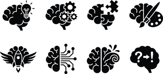 Human brain creativity icon set with eight black vector silhouettes showing innovation, problem solving, logic, art, and imagination © LitonChandra