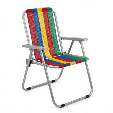 Colorful woven plastic lawn chair isolated on white background. Bright striped outdoor folding camping seat for garden patio beach or poolside use.