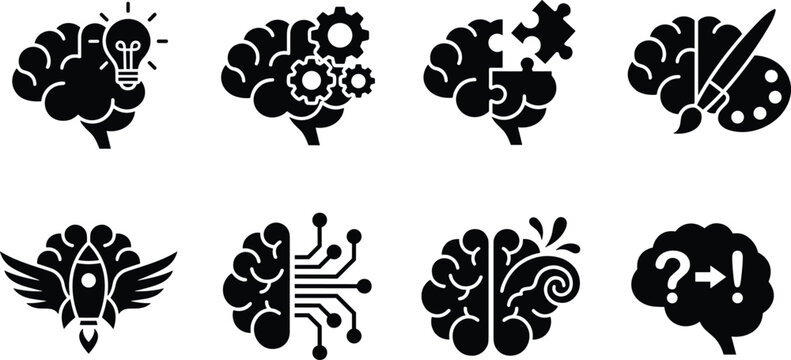 Human brain creativity icon set with eight black vector silhouettes showing innovation, problem solving, logic, art, and imagination