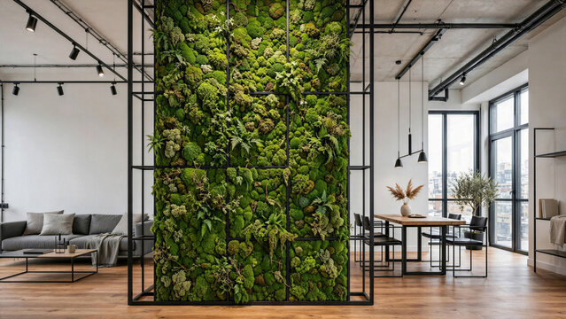 Interior view of a minimalist open-plan loft with a massive vertical moss installation acting as room divider