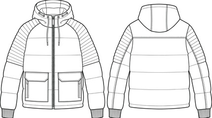 Mens hooded quilted puffer jacket ribbed sleeve flap utility pocket coat fashion flat sketch vector technical drawing front back view © Prohllad