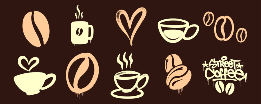 Set street coffee doodle illustration features hand drawn spray paint coffee beans cups and text element collection. Urban graffiti spray texture banner for cafe shop merchandise clip art.