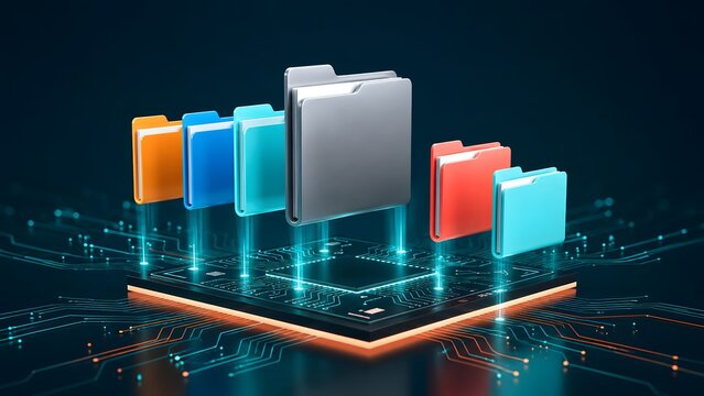 Digital document management system showing colorful file folders floating above a computer microchip for cloud storage and data organization