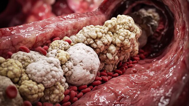 Close-up 3D animation inside a human blood vessel, depicting a large, irregular plaque deposit severely narrowing the artery lumen as red blood cells flow past, illustrating atherosclerosis.