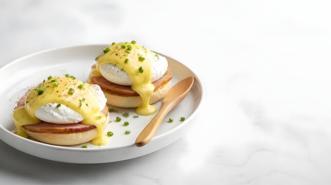 Two delicious eggs benedict with hollandaise sauce on white plate