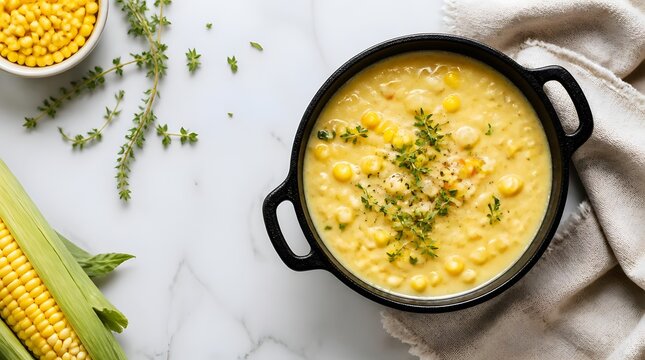 Creamy corn chowder soup in a cast iron pan with fresh herbs and corn cobs on a white marble tabletop