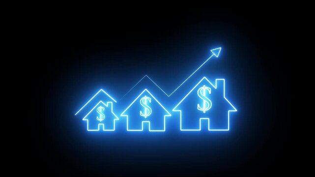Home icon house sign neon lights animation with up arrow Dollar increase. Neon House, home building animation. Neon line of Dollar sign with up arrow inside house icon on black background 4k video.